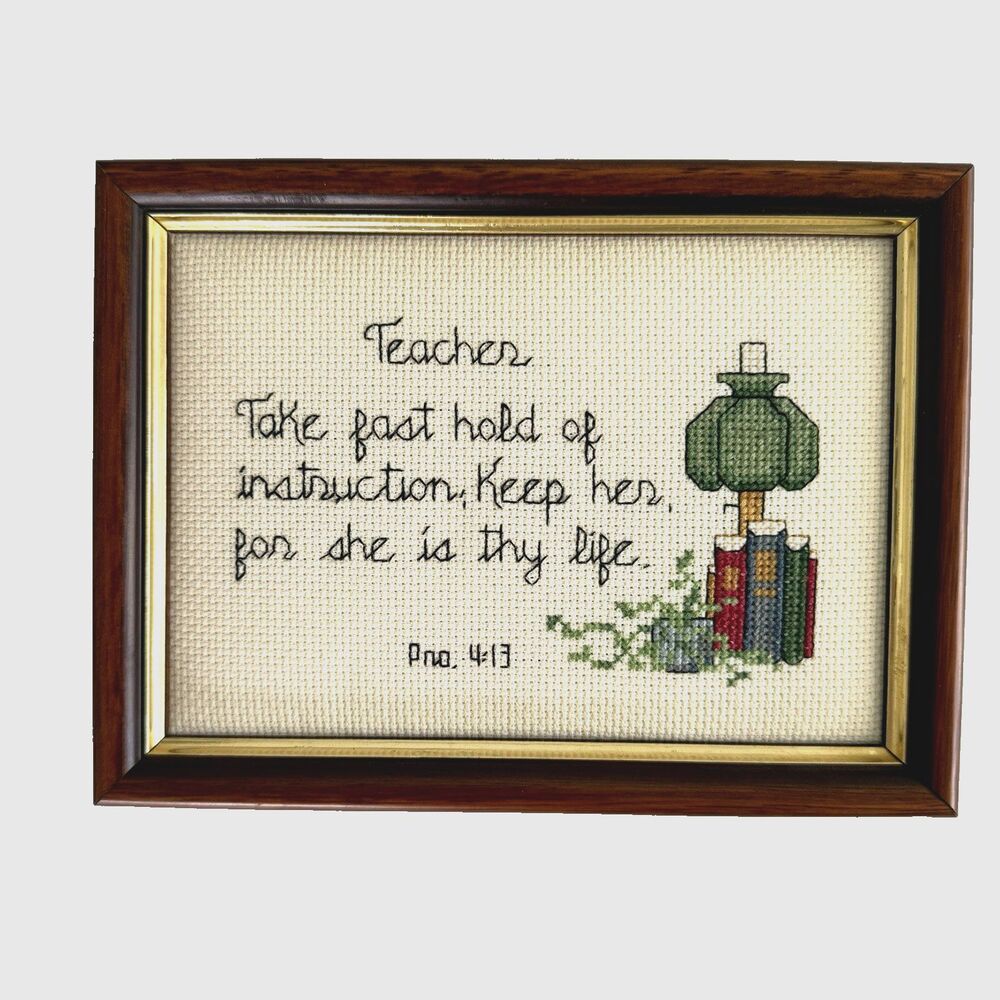 Vtg 80s Completed Teacher Cross Stitch Framed Proverbs Wall Art Handmade Books